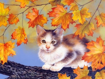 Pintura de hojas de arce rojas de gato de fotos a arte Pinturas al óleo